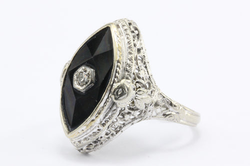 Art Deco 14K White Gold Onyx Diamond J.J. White Co. Filigree Ring c.1920's - Queen May