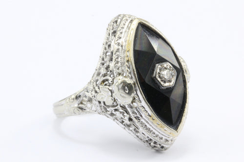 Art Deco 14K White Gold Onyx Diamond J.J. White Co. Filigree Ring c.1920's - Queen May