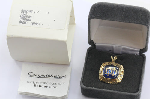 Vintage 10K Gold Notre Dame Football Championship Balfour Blue Enamel Ring Top Pendant - Queen May