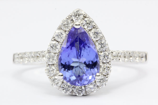 14k White Gold Tanzanite Diamond Halo Engagement Ring - Queen May