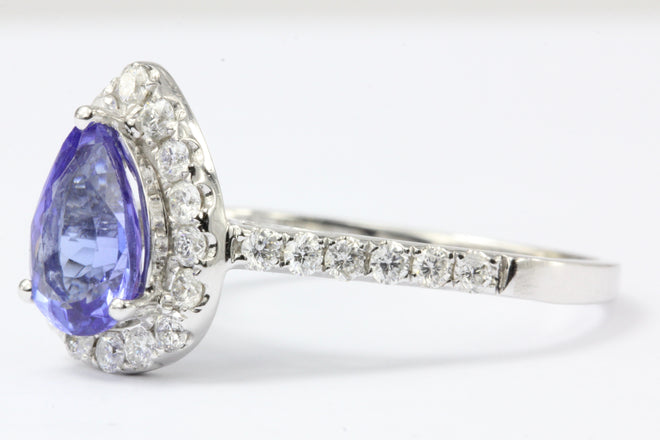 14k White Gold Tanzanite Diamond Halo Engagement Ring - Queen May