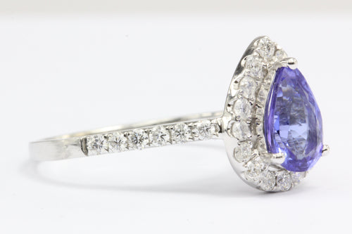 14k White Gold Tanzanite Diamond Halo Engagement Ring - Queen May
