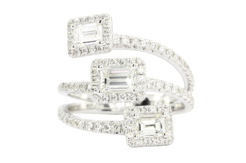 14K White Gold Emerald Cut Diamond Triple Bypass Ring - Queen May