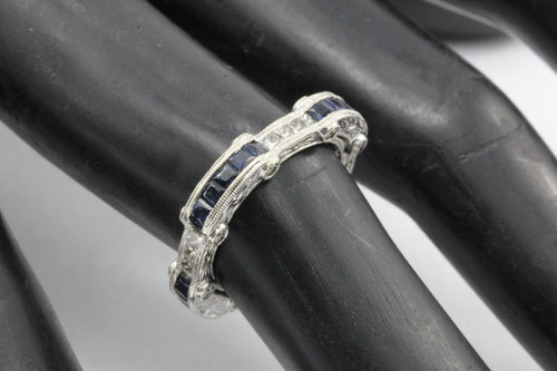 Art Deco Style 18K White Gold Diamond Sapphire Eternity Band Ring size 6 - Queen May