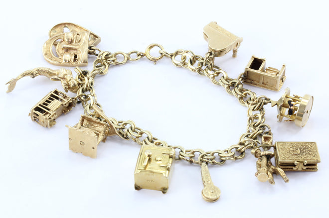 14K Gold 12 Moveable Charms Charm Bracelet Circa 1950's - Queen May