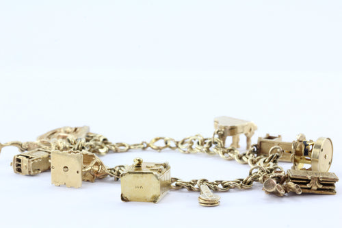 14K Gold 12 Moveable Charms Charm Bracelet Circa 1950's - Queen May