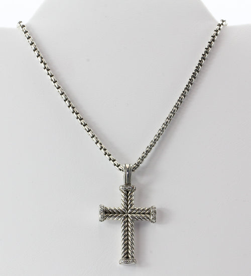 David Yurman Sterling Silver Chevron Diamond Cross Pendant & Chain - Queen May