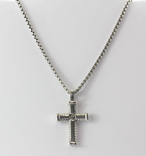 David Yurman Sterling Silver Chevron Diamond Cross Pendant & Chain - Queen May