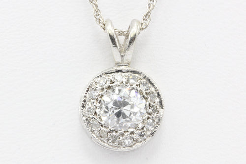 Art Deco 14K White Gold Old European Cut Diamond Pendant Necklace c.1930's - Queen May