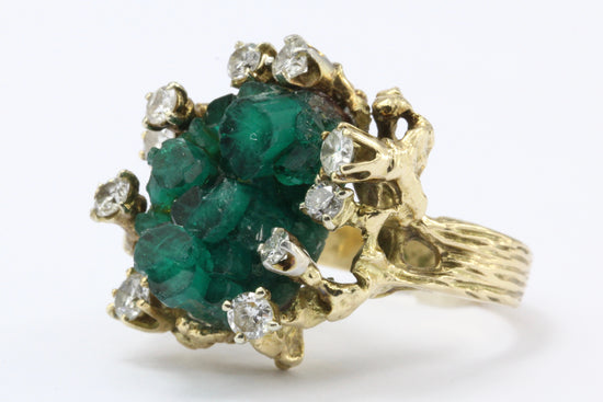 Retro 14K Gold Raw Uncut Emerald w/ Diamonds Naturalistic Ring – QUEEN MAY