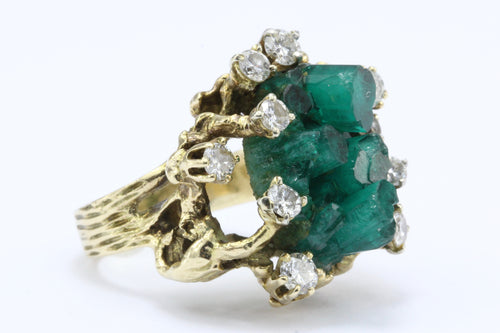 Retro 14K Gold Raw Uncut Emerald w/ Diamonds Naturalistic Ring - Queen May