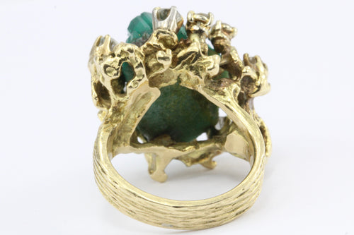 Retro 14K Gold Raw Uncut Emerald w/ Diamonds Naturalistic Ring - Queen May