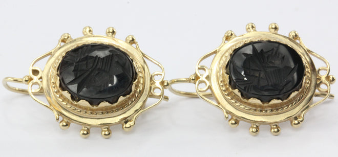 Vintage Victorian Style 14K Gold Black Onyx Intaglio Roman Cameo Earrings - Queen May
