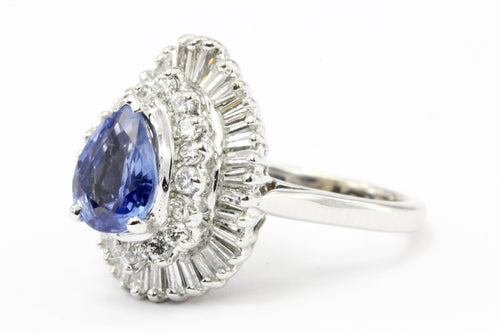 Natural Blue Pear Shaped Sapphire with Diamond Halo 14K White Gold Ring - Queen May