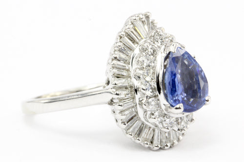 Natural Blue Pear Shaped Sapphire with Diamond Halo 14K White Gold Ring - Queen May
