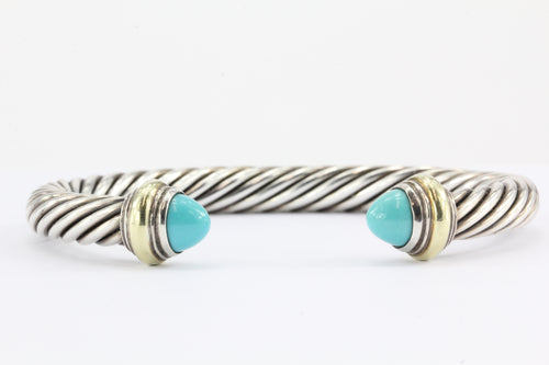 David Yurman Sterling Silver 14K Gold Turquoise 7mm Cable Cuff Bracelet - Queen May