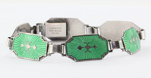 Sterling Silver Green Enamel Meka Denmark Art Deco Bracelet - Queen May