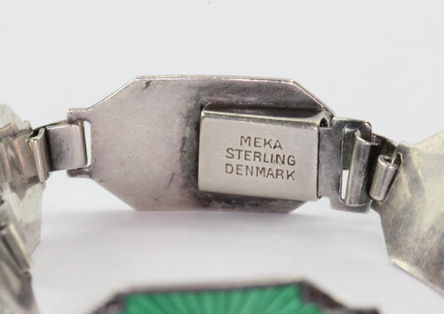 Sterling Silver Green Enamel Meka Denmark Art Deco Bracelet - Queen May