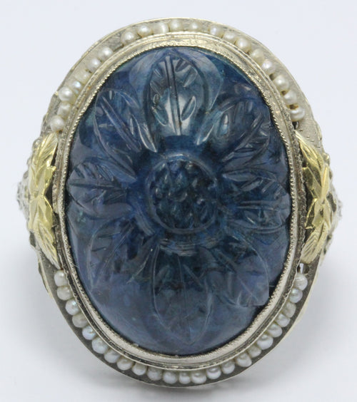 Antique Art Deco 14K White Gold Carved Blue Stone Seed Pearl Chunky Ring - Queen May