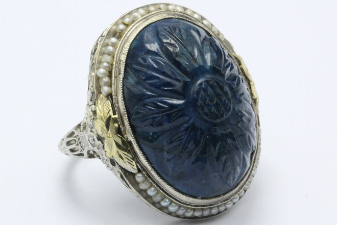 Antique Art Deco 14K White Gold Carved Blue Stone Seed Pearl Chunky Ring - Queen May