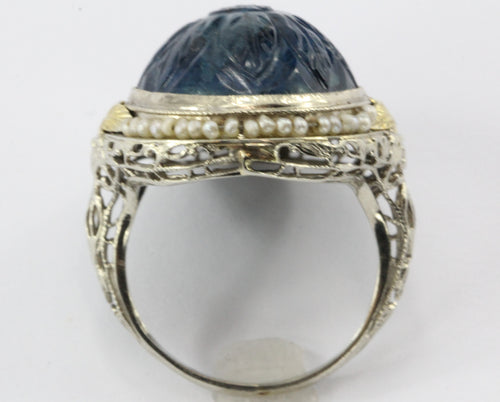 Antique Art Deco 14K White Gold Carved Blue Stone Seed Pearl Chunky Ring - Queen May