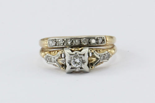 Antique Art Deco 14K 18K  Gold & Diamond Engagement Ring & Wedding Band Set - Queen May