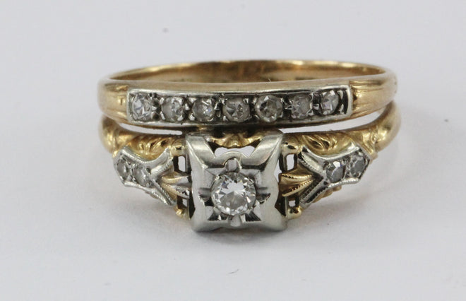 Antique Art Deco 14K 18K  Gold & Diamond Engagement Ring & Wedding Band Set - Queen May