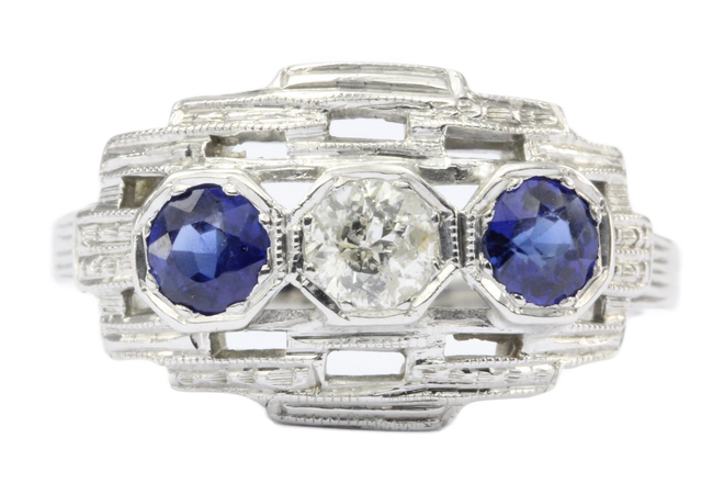 Art Deco 18K White Gold Old European Cut Diamond Sapphire Ring c.1920's - Queen May