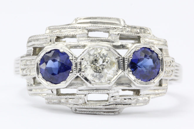 Art Deco 18K White Gold Old European Cut Diamond Sapphire Ring c.1920's - Queen May