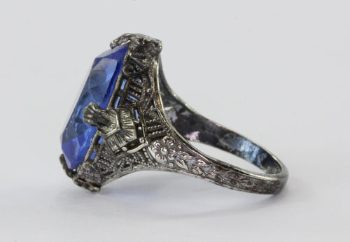 Antique Sterling Silver & Blue Stone Uncas Art Deco Ring - Queen May