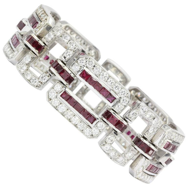 18K White Gold Ruby & Diamond Oval Link Tennis Bracelet 26 CTW - Queen May