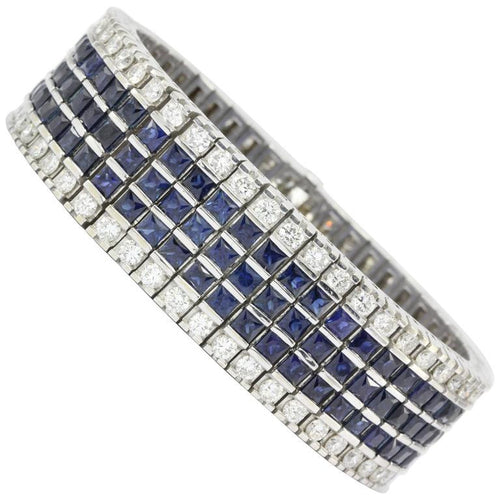 18K White Gold Diamond & Blue Sapphire Wide Tennis Bracelet 30 CTW - Queen May