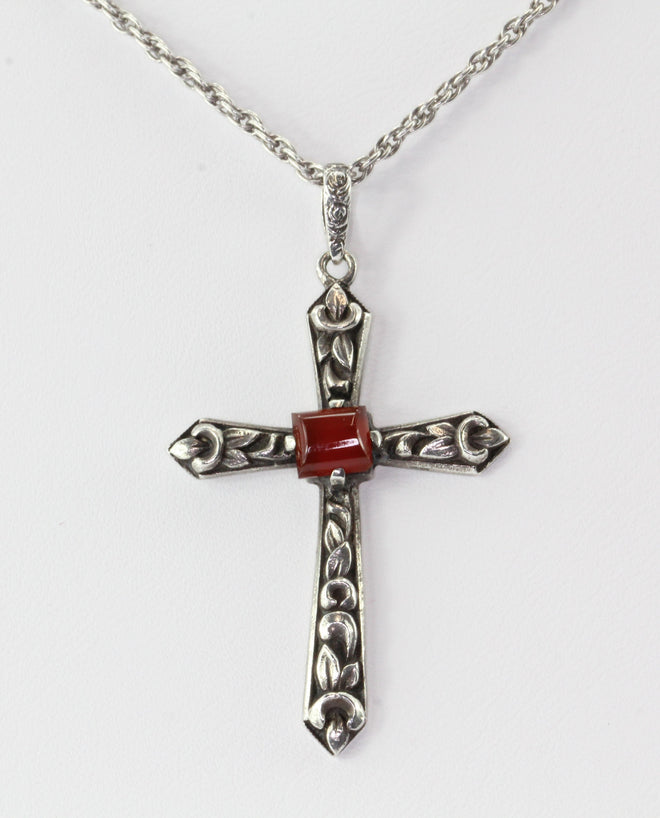 Antique 935 Silver Carnelian French Art Nouveau Cross Pendant Necklace - Queen May