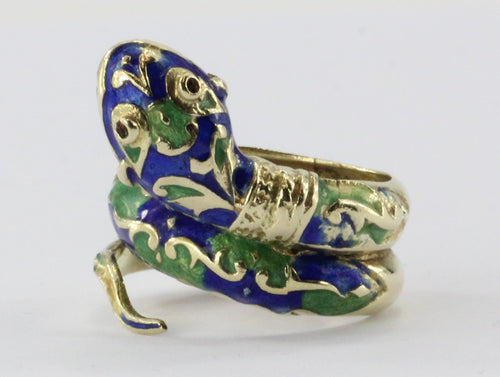 Vintage 14K Gold Blue & Green Enamel Coiled Snake Ring - Queen May
