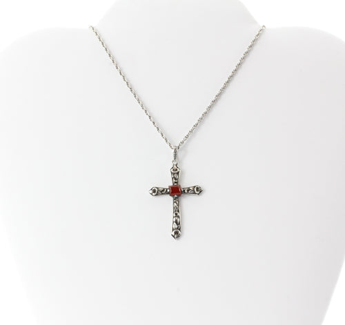 Antique 935 Silver Carnelian French Art Nouveau Cross Pendant Necklace - Queen May