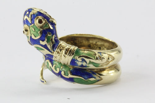 Vintage 14K Gold Blue & Green Enamel Coiled Snake Ring - Queen May