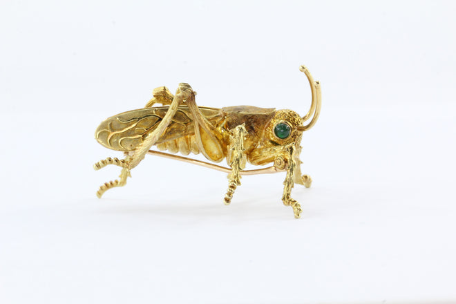 18K Gold Emerald Kurt Wayne Naturalistic Grasshopper Brooch Pin - Queen May