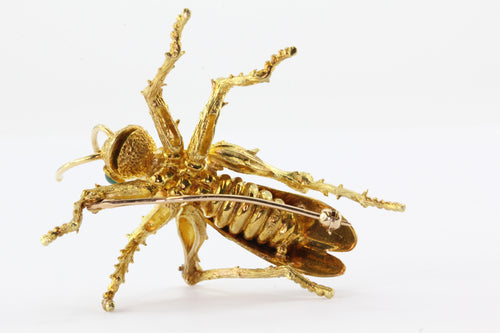 18K Gold Emerald Kurt Wayne Naturalistic Grasshopper Brooch Pin - Queen May