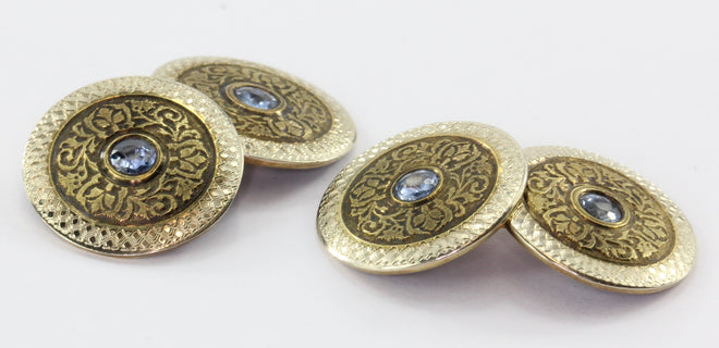 14K Yellow Gold Platinum Ceylon Sapphire Wiegand Bros Wisconsin Cufflinks - Queen May