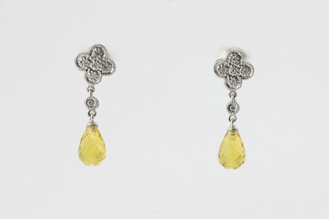 14K White Gold Diamond Citrine Drop Earrings - Queen May