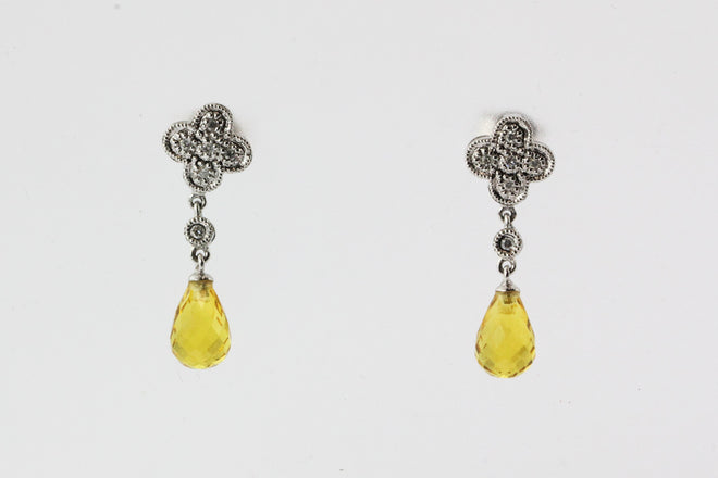 14K White Gold Diamond Citrine Drop Earrings - Queen May