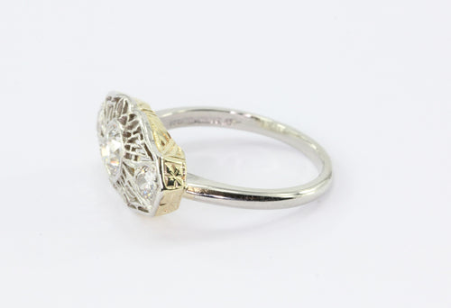 Art Deco Platinum 14K Yellow Gold Old Mine Cut Diamond Stick Pin Conversion Ring - Queen May