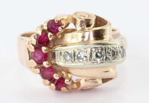 Retro Moderne 14K Rose Gold Diamond & Ruby Ring Circa 1930's - Queen May