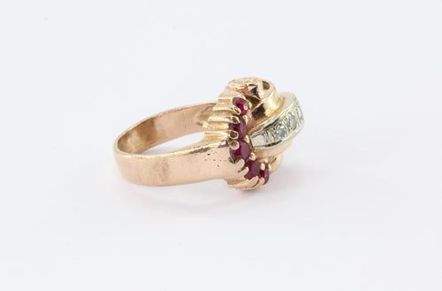 Retro Moderne 14K Rose Gold Diamond & Ruby Ring Circa 1930's - Queen May
