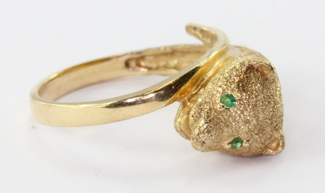 14K Yellow Gold Cat / Ferret w/ Emerald Eyes Size 6 - Queen May