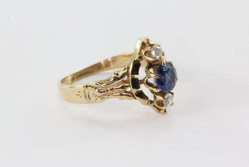 14K Yellow Gold Victorian Revival Natural Sapphire Diamond Ring - Queen May