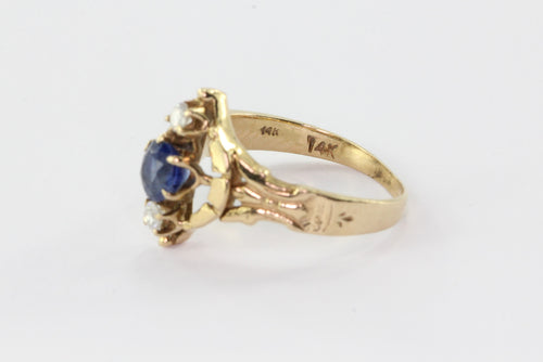 14K Yellow Gold Victorian Revival Natural Sapphire Diamond Ring - Queen May