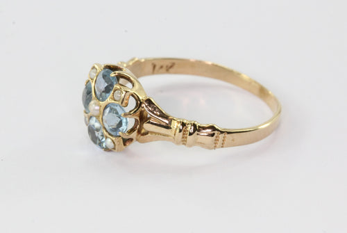 Victorian 14K Gold Aquamarine Seed Pearl Ring - Queen May