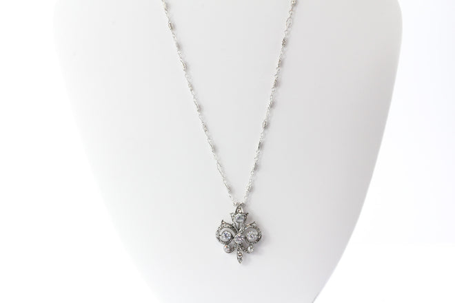 Victorian 14K White Gold Fleur de Lis w/ Rose Cut Diamonds & Sapphires Necklace - Queen May