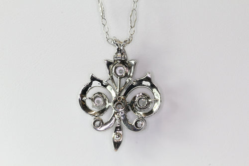 Victorian 14K White Gold Fleur de Lis w/ Rose Cut Diamonds & Sapphires Necklace - Queen May